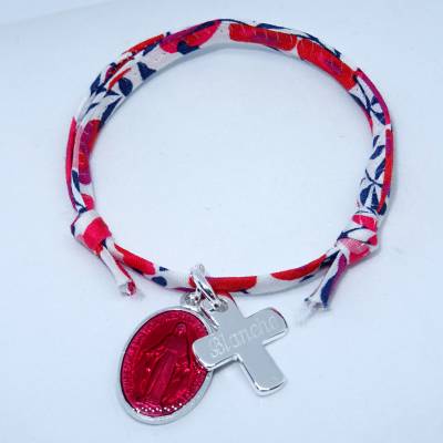 Bracelet personnalisé médaille miraculeuse rouge, 
croix argent  