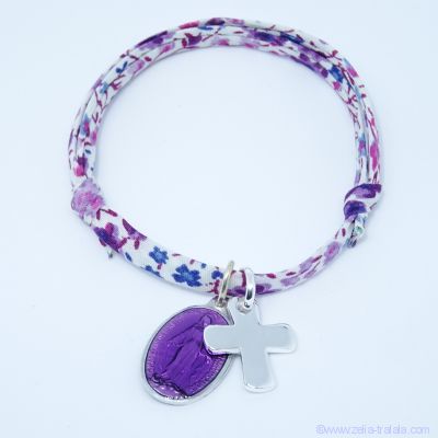 Bracelet personnalisé médaille miraculeuse violette, 
croix argent 