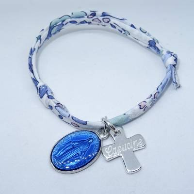 Bracelet personnalisé médaille miraculeuse bleu foncé, 
croix argent  