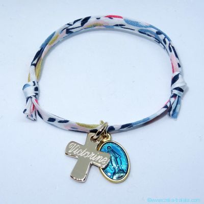 Bracelet personnalisé médaille miraculeuse bleu, 
croix plaqué or sur Liberty 
