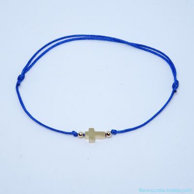 Bracelet mini croix intercalaire et perles en plaqu or sur cordon