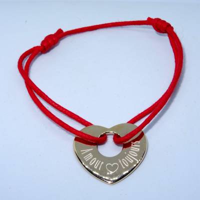 Bracelet personnalisé cœur plat plaqué or sur cordon