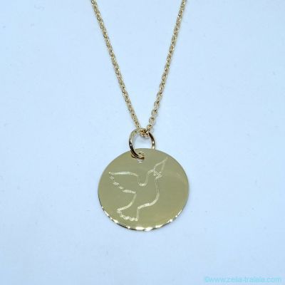 Pendentif médaille colombe sur chaîne, en plaqué or