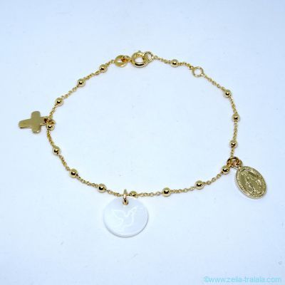 Bracelet fin croix, colombe sur nacre et médaille miraculeuse, en plaqué or