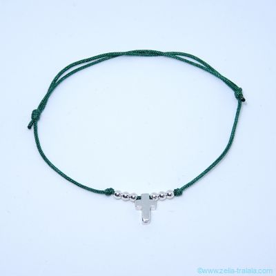 Bracelet mini croix et perles en argent sur cordon