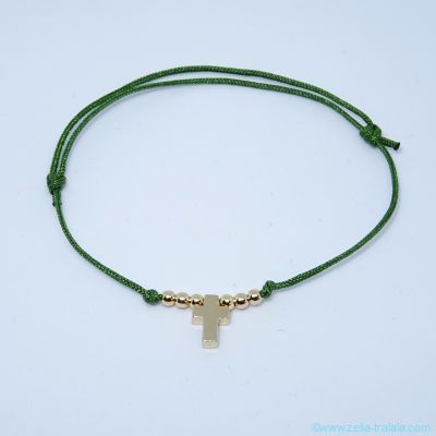 Bracelet mini croix et perles en plaqu or sur cordon